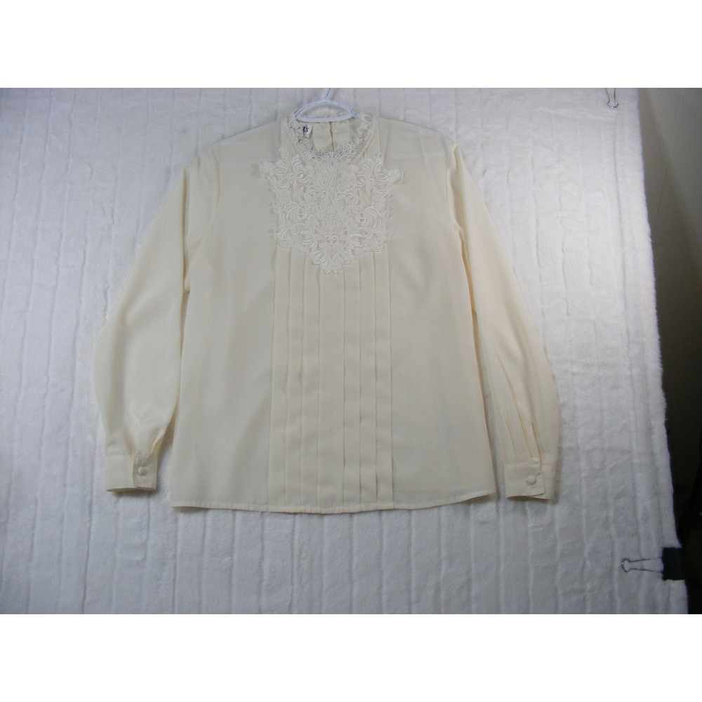 Essentials Worthington Blouse Womens 10 Cream Excellent Lace Bib Pintuck Pleat
